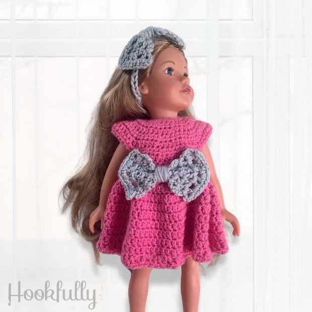 Bowtiful Doll Dress free crochet pattern by Hookfully