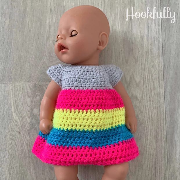 Easy Rainbow Doll Dress free crochet pattern by Hookfully