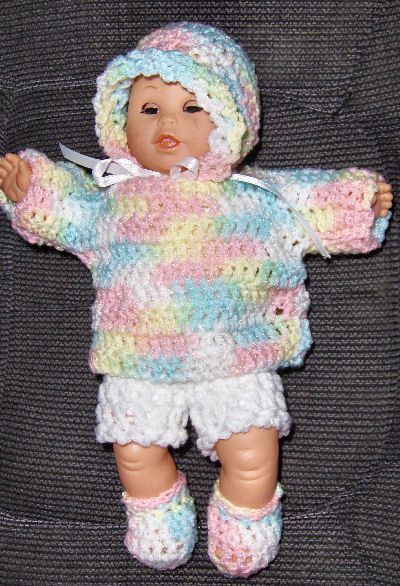 Baby Doll Bonnet, Booties, Bloomers and Sweater free crochet pattern by Beverly A. Qualheim