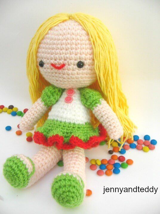 Kelly Crochet Doll in Frog Hat free crochet pattern by Jenny & Teddy